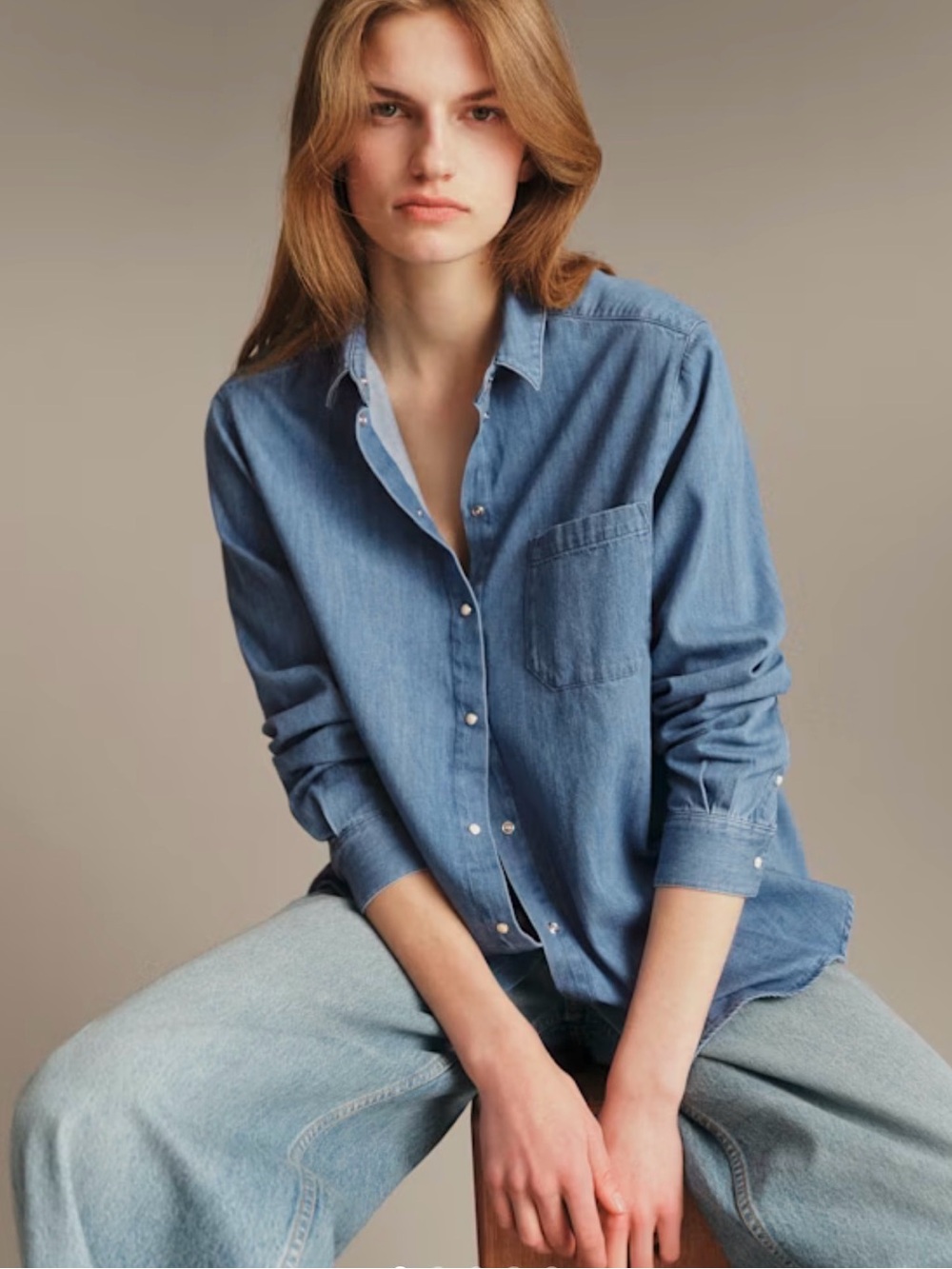 Sezane  Camisa Max Denim Snap Shirt in Blue size 36 or 4 Minimalist